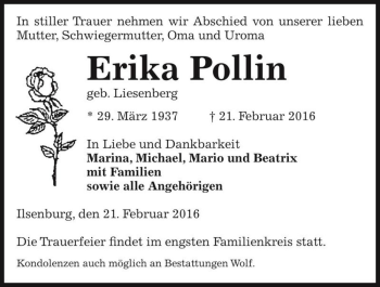 Traueranzeige von Erika Pollin (geb. Liesenberg)  von Magdeburger Volksstimme
