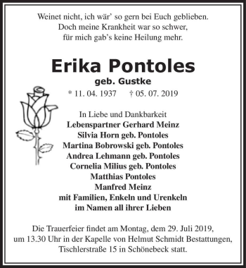 Traueranzeige von Erika Pontoles (geb. Gustke)  von Magdeburger Volksstimme