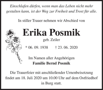 Traueranzeige von Erika Posmik (geb. Zeiler)  von Magdeburger Volksstimme