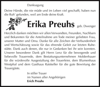 Traueranzeige von Erika Preuhs (geb. Dwenger)  von Magdeburger Volksstimme
