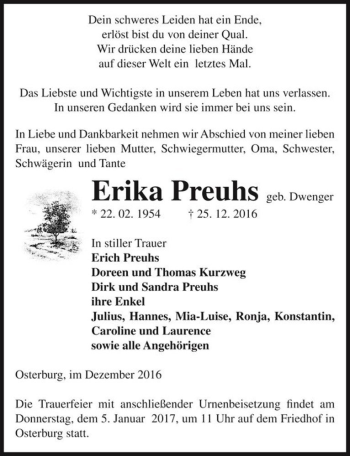 Traueranzeige von Erika Preuhs (geb. Dwenger)  von Magdeburger Volksstimme