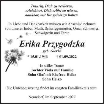 Traueranzeige von Erika Przygodzka (geb. Gierke)  von Magdeburger Volksstimme