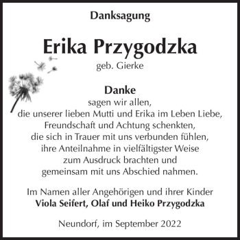 Traueranzeige von Erika Przygodzka (geb. Gierke)  von Magdeburger Volksstimme