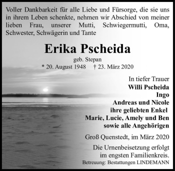 Traueranzeige von Erika Pscheida (geb. Stepan)  von Magdeburger Volksstimme