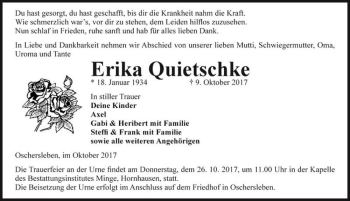 Traueranzeige von Erika Quietschke  von Magdeburger Volksstimme