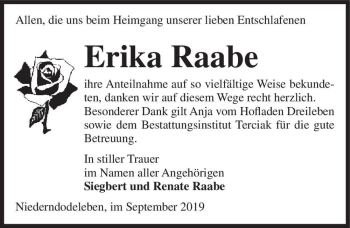 Traueranzeige von Erika Raabe  von Magdeburger Volksstimme