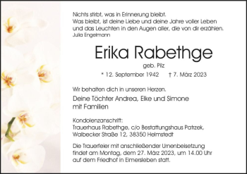 Traueranzeige von Erika Rabethge (geb. Pilz)  von Magdeburger Volksstimme