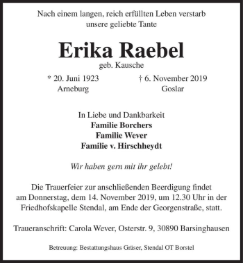 Traueranzeige von Erika Raebel (geb. Kausche)  von Magdeburger Volksstimme