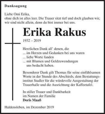 Traueranzeige von Erika Rakus  von Magdeburger Volksstimme