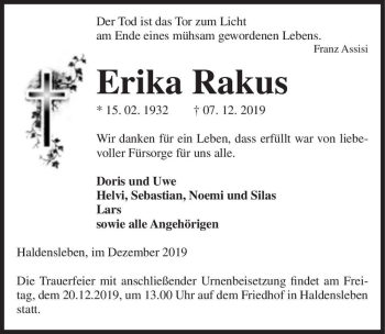 Traueranzeige von Erika Rakus  von Magdeburger Volksstimme