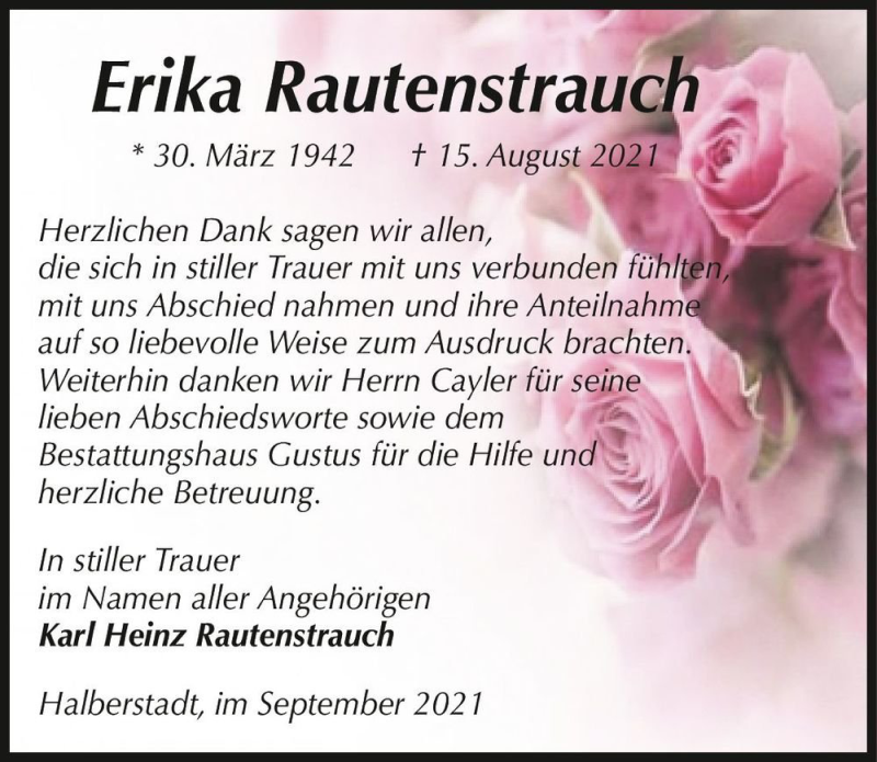  Traueranzeige für Erika Rautenstrauch  vom 18.09.2021 aus Magdeburger Volksstimme