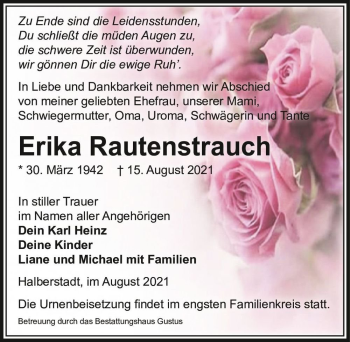 Traueranzeige von Erika Rautenstrauch  von Magdeburger Volksstimme