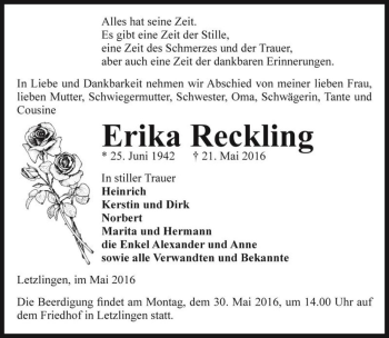 Traueranzeige von Erika Reckling  von Magdeburger Volksstimme