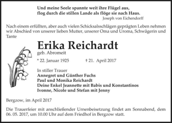 Traueranzeige von Erika Reichardt (geb. Abromeit)  von Magdeburger Volksstimme