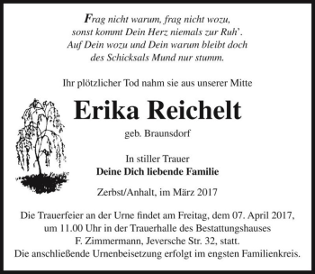 Traueranzeige von Erika Reichelt (geb. Braunsdorf)  von Magdeburger Volksstimme