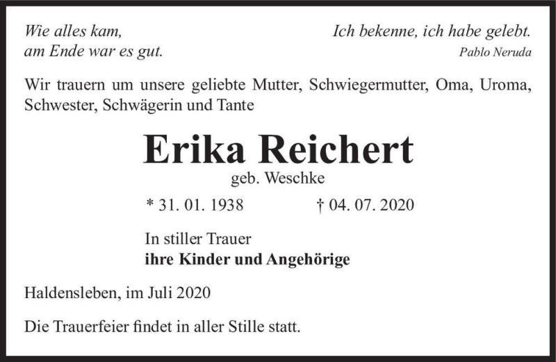  Traueranzeige für Erika Reichert (geb. Weschke)  vom 11.07.2020 aus Magdeburger Volksstimme