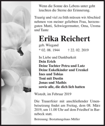 Traueranzeige von Erika Reichert (geb. Wiegand)  von Magdeburger Volksstimme