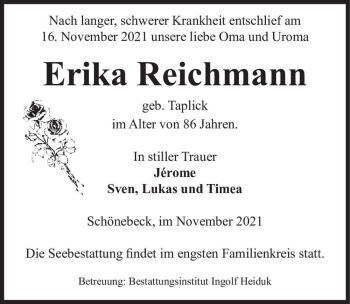 Traueranzeige von Erika Reichmann (geb. Taplick)  von Magdeburger Volksstimme