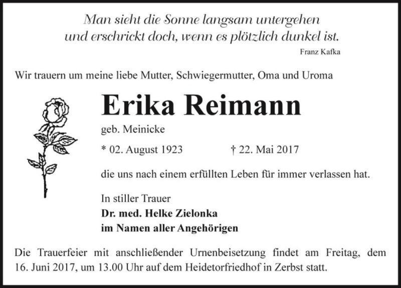  Traueranzeige für Erika Reimann (geb. Meinicke)  vom 27.05.2017 aus Magdeburger Volksstimme