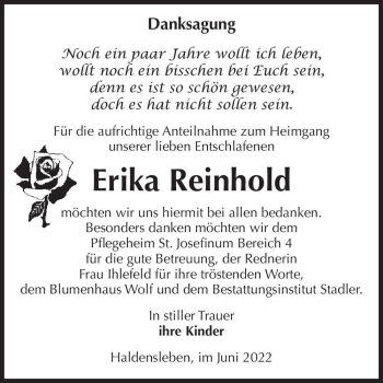 Traueranzeige von Erika Reinhold  von Magdeburger Volksstimme