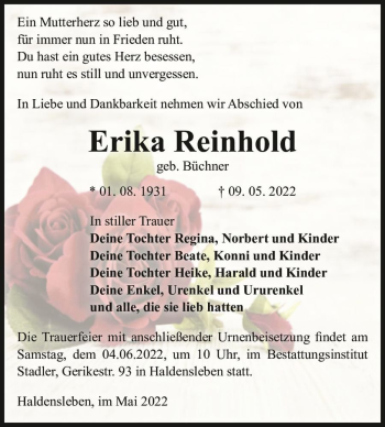 Traueranzeige von Erika Reinhold (geb. Büchner)  von Magdeburger Volksstimme