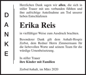 Traueranzeige von Erika Reis  von Magdeburger Volksstimme