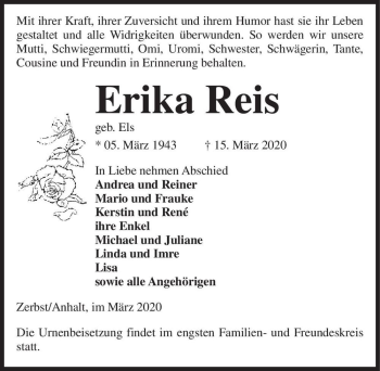 Traueranzeige von Erika Reis (geb. Els)  von Magdeburger Volksstimme