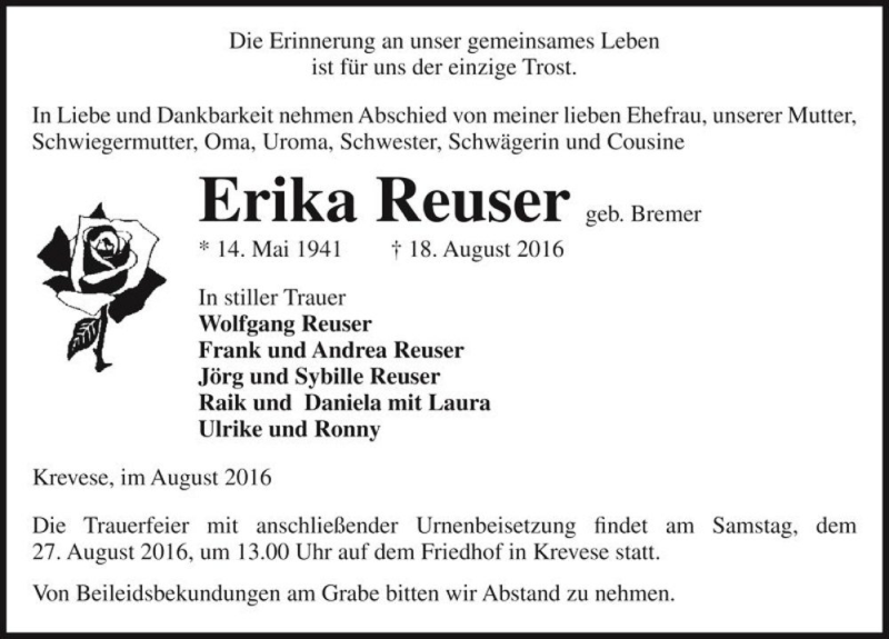  Traueranzeige für Erika Reuser (geb. Bremer)  vom 20.08.2016 aus Magdeburger Volksstimme