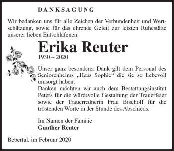 Traueranzeige von Erika Reuter  von Magdeburger Volksstimme