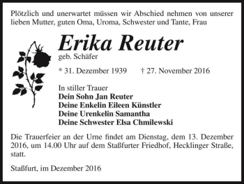 Traueranzeige von Erika Reuter (geb. Schäfer)  von Magdeburger Volksstimme
