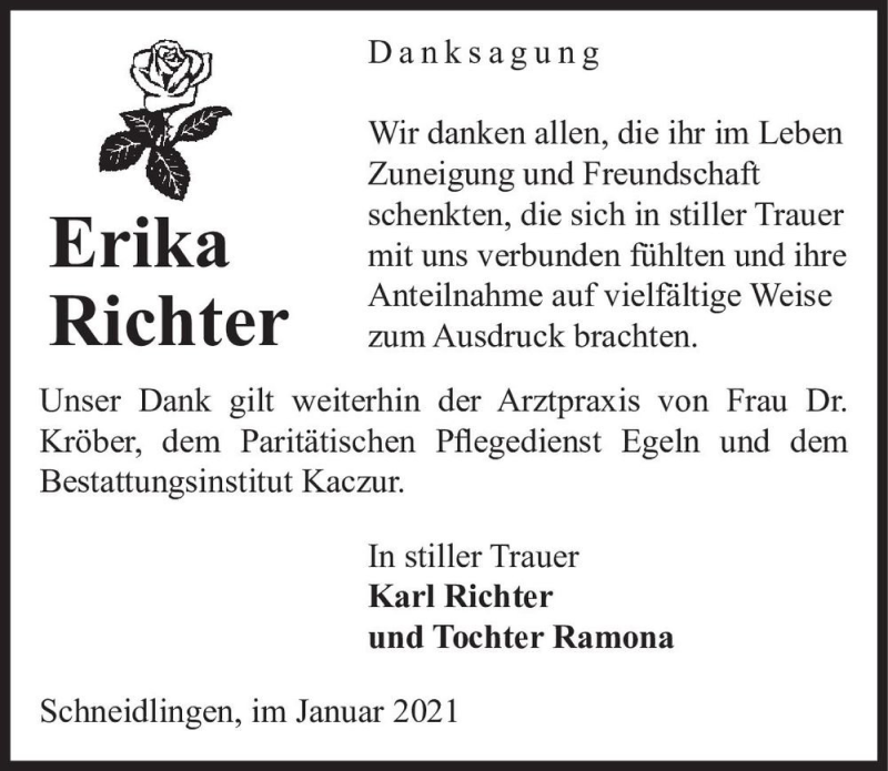  Traueranzeige für Erika Richter  vom 30.01.2021 aus Magdeburger Volksstimme