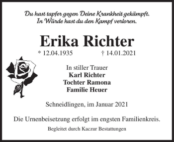 Traueranzeige von Erika Richter  von Magdeburger Volksstimme