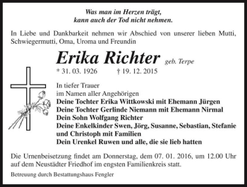 Traueranzeige von Erika Richter (geb. Terpe)  von Magdeburger Volksstimme