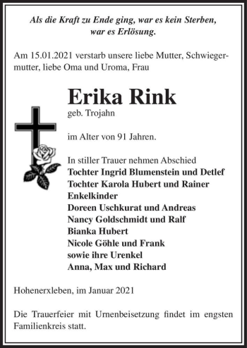 Traueranzeige von Erika Rink (geb. Trojahn)  von Magdeburger Volksstimme