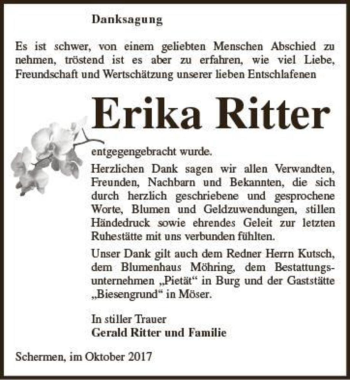 Traueranzeige von Erika Ritter  von Magdeburger Volksstimme