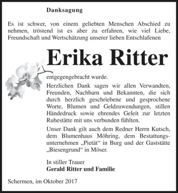 Traueranzeige von Erika Ritter  von Magdeburger Volksstimme