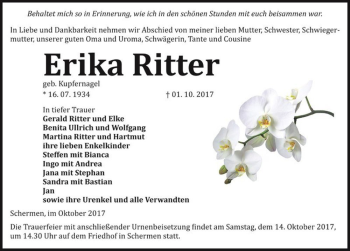 Traueranzeige von Erika Ritter (geb. Kupfernagel)  von Magdeburger Volksstimme
