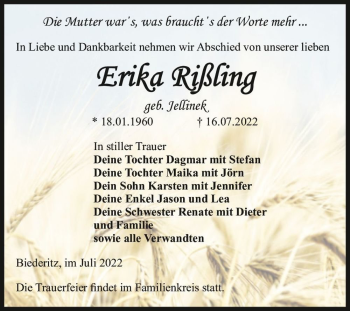 Traueranzeige von Erika Rißling (geb. Jellinek)  von Magdeburger Volksstimme