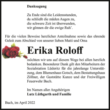 Traueranzeige von Erika Roloff  von Magdeburger Volksstimme