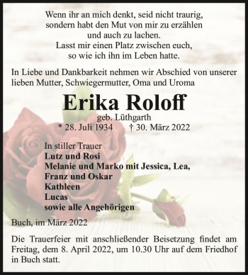 Traueranzeige von Erika Roloff (geb. Lüthgarth)  von Magdeburger Volksstimme