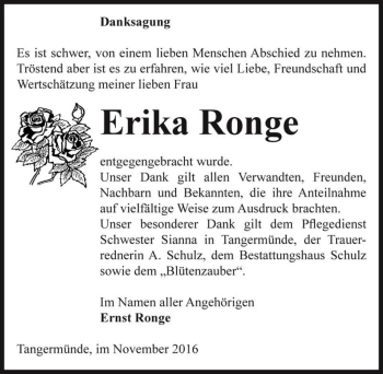 Traueranzeige von Erika Ronge  von Magdeburger Volksstimme