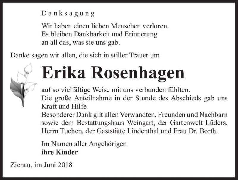  Traueranzeige für Erika Rosenhagen  vom 22.06.2018 aus Magdeburger Volksstimme