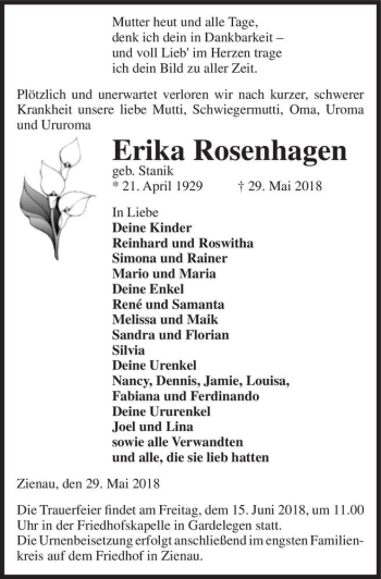 Traueranzeige von Erika Rosenhagen (geb. Stanik)  von Magdeburger Volksstimme