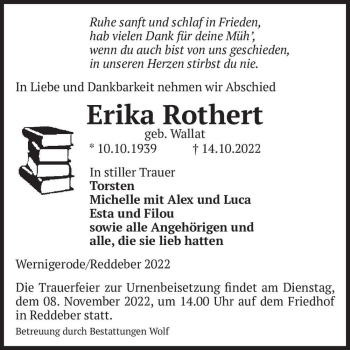 Traueranzeige von Erika Rothert (geb. Wallat)  von Magdeburger Volksstimme
