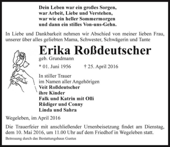 Traueranzeige von Erika Roßdeutscher (geb. Grundmann)  von Magdeburger Volksstimme