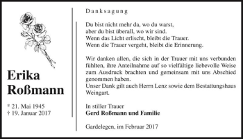 Traueranzeige von Erika Roßmann  von Magdeburger Volksstimme