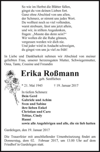 Traueranzeige von Erika Roßmann (geb. Senftleben)  von Magdeburger Volksstimme
