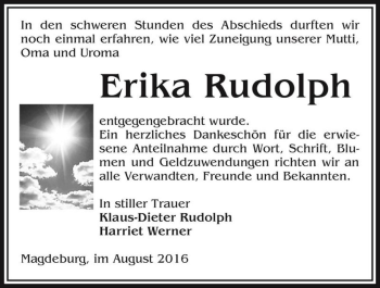 Traueranzeige von Erika Rudolph  von Magdeburger Volksstimme