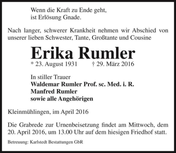 Traueranzeige von Erika Rumler  von Magdeburger Volksstimme