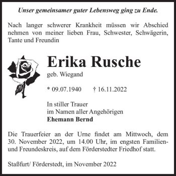 Traueranzeige von Erika Rusche (geb. Wiegand)  von Magdeburger Volksstimme